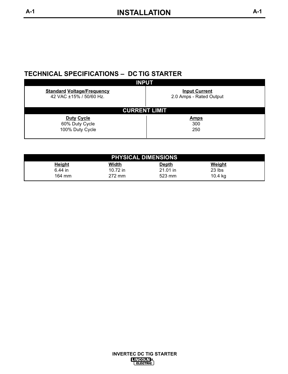 Installation, Technical specifications – dc tig starter | Lincoln Electric IM465 INVERTEC DC TIG STARTER User Manual | Page 9 / 33