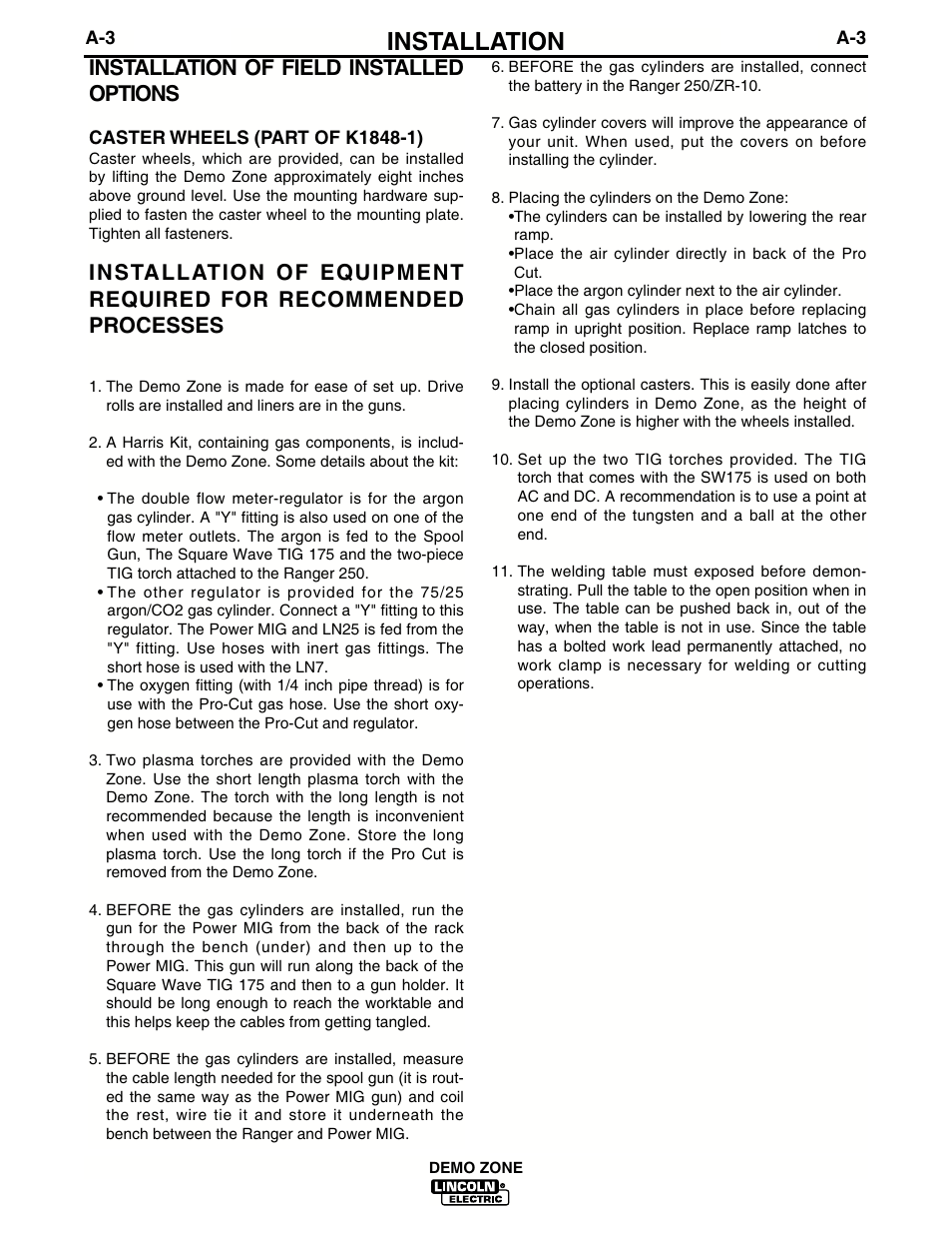 Installation, Installation of field installed options | Lincoln Electric IM722 Demo Zone K1854-2 and K1854-3 User Manual | Page 10 / 22