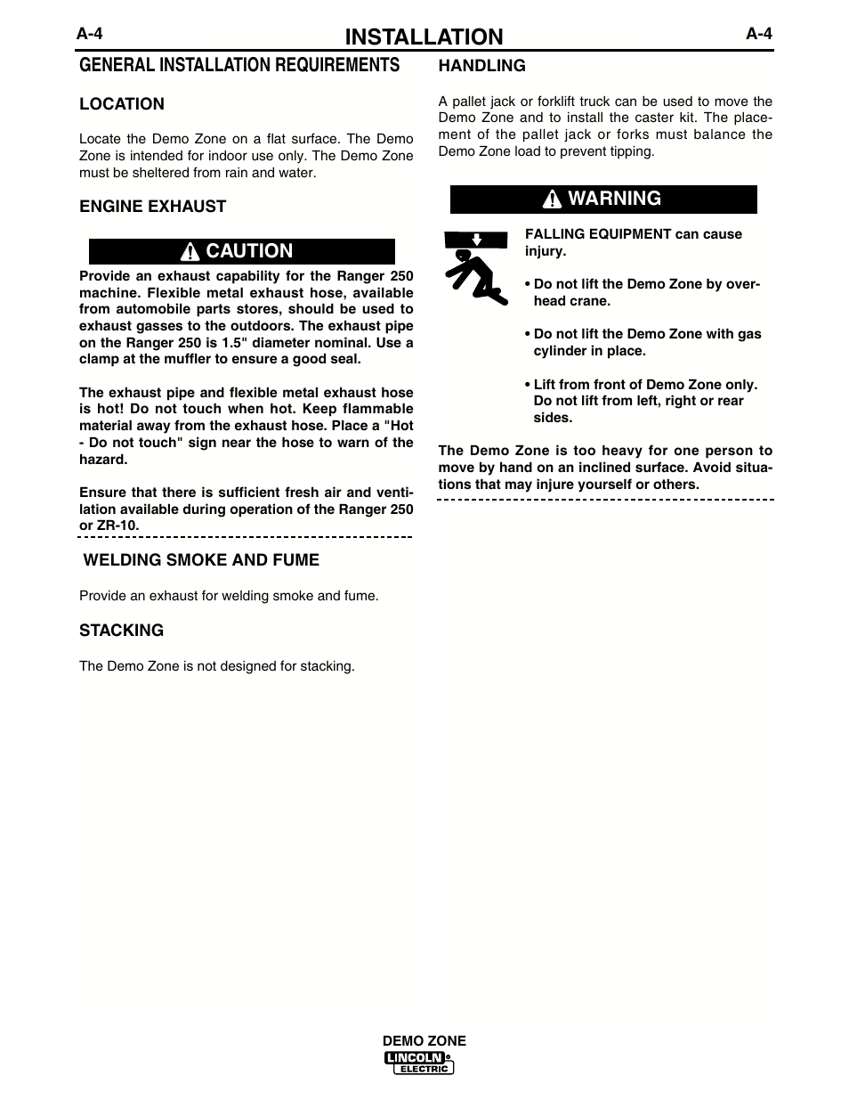 Installation, General installation requirements, Caution warning | Lincoln Electric IM722 Demo Zone K1854-2 and K1854-3 User Manual | Page 11 / 22