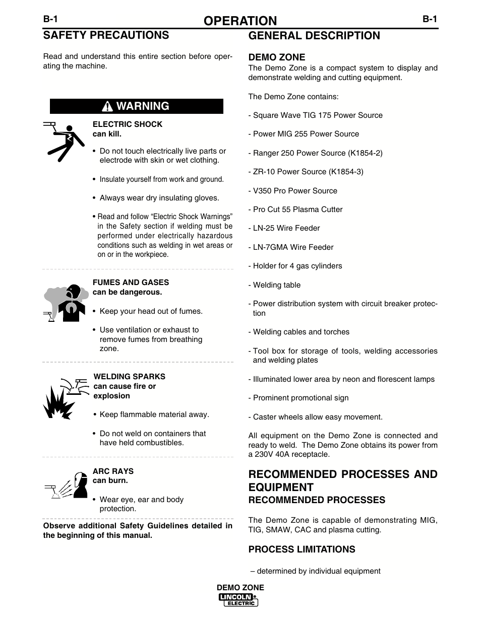 Operation, General description, Recommended processes and equipment | Safety precautions, Warning | Lincoln Electric IM722 Demo Zone K1854-2 and K1854-3 User Manual | Page 12 / 22