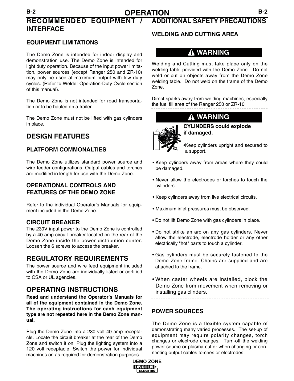 Operation, Recommended equipment / interface, Design features | Regulatory requirements, Operating instructions, Additional safety precautions, Warning | Lincoln Electric IM722 Demo Zone K1854-2 and K1854-3 User Manual | Page 13 / 22