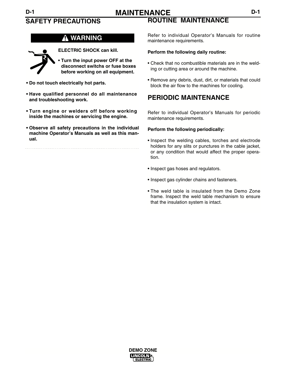 Maintenance, Routine maintenance, Periodic maintenance | Warning safety precautions | Lincoln Electric IM722 Demo Zone K1854-2 and K1854-3 User Manual | Page 16 / 22