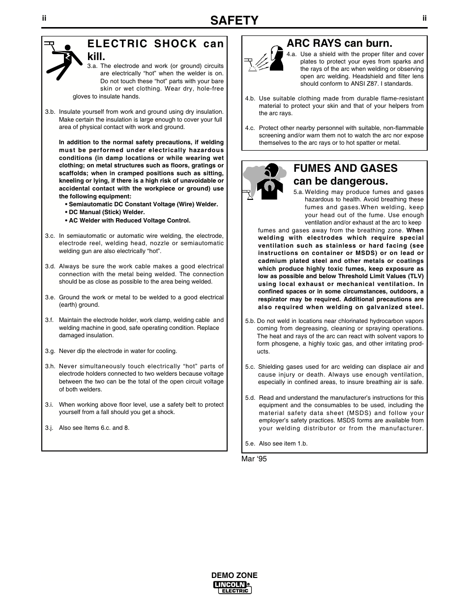 Safety, Arc rays can burn, Electric shock can kill | Fumes and gases can be dangerous | Lincoln Electric IM722 Demo Zone K1854-2 and K1854-3 User Manual | Page 3 / 22