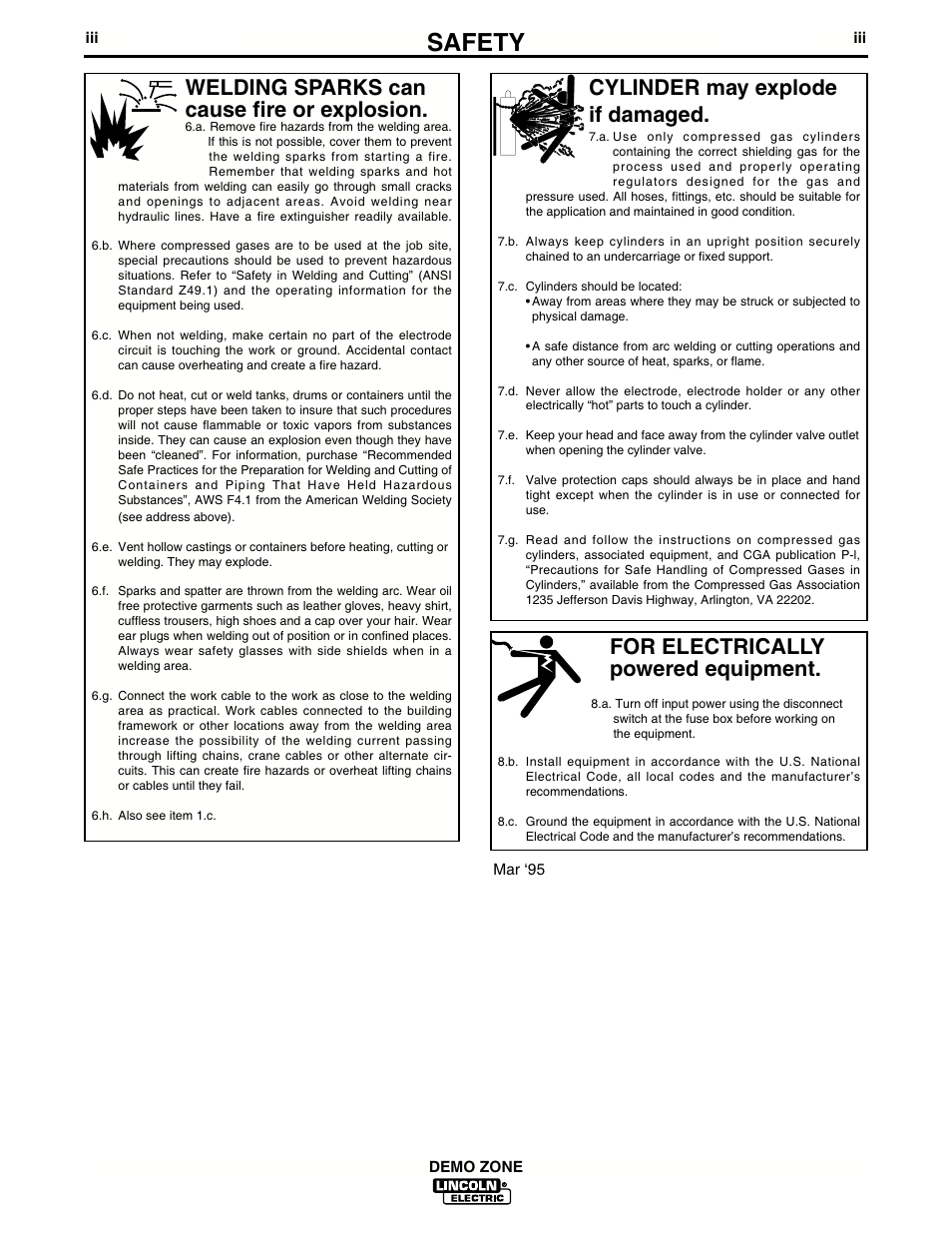 Safety, For electrically powered equipment, Cylinder may explode if damaged | Welding sparks can cause fire or explosion | Lincoln Electric IM722 Demo Zone K1854-2 and K1854-3 User Manual | Page 4 / 22