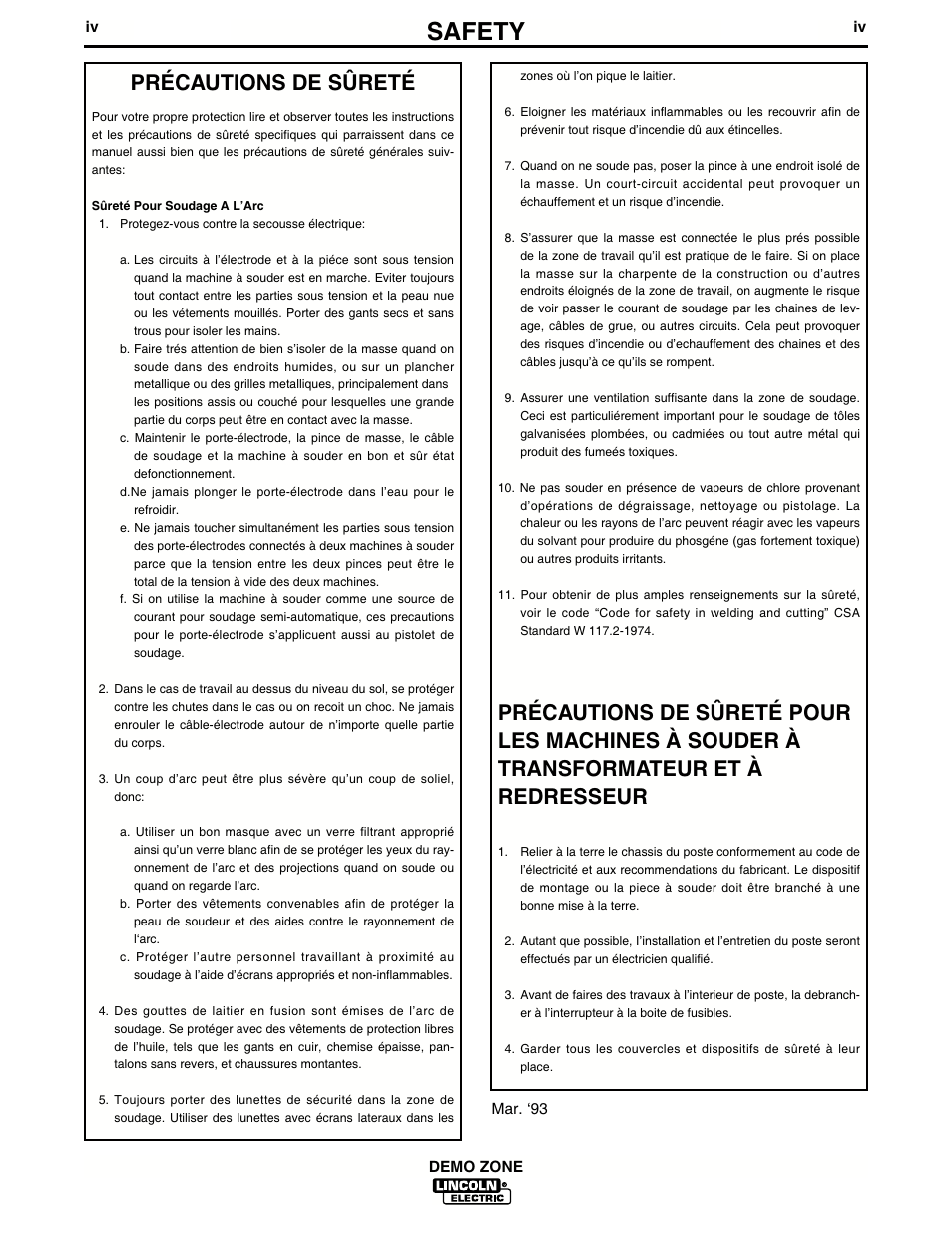 Safety, Précautions de sûreté | Lincoln Electric IM722 Demo Zone K1854-2 and K1854-3 User Manual | Page 5 / 22