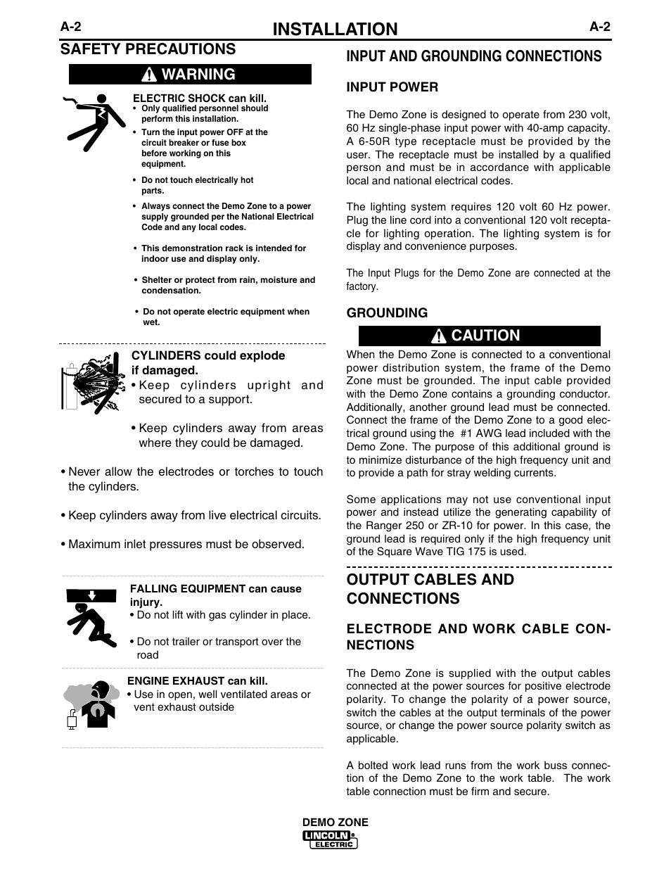 Installation, Safety precautions input and grounding connections, Output cables and connections | Warning, Caution | Lincoln Electric IM722 Demo Zone K1854-2 and K1854-3 User Manual | Page 9 / 22