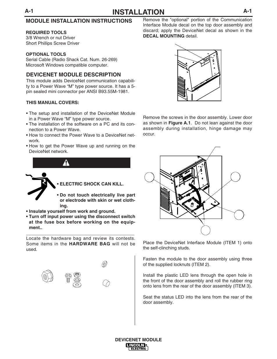 Installation, Warning | Lincoln Electric IM839 DEVICENET MODULE User Manual | Page 8 / 20