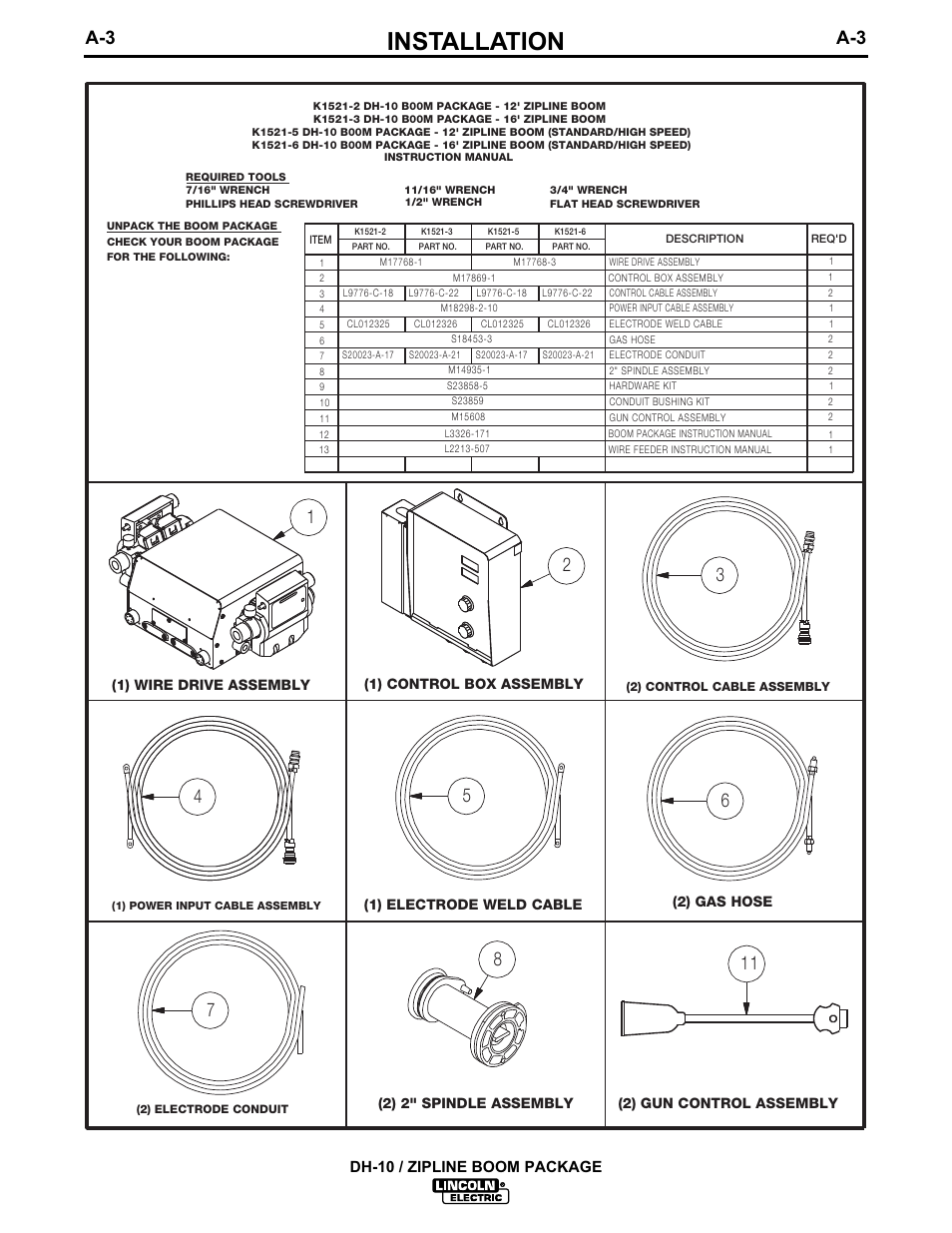 Installation, Dh-10 / zipline boom package | Lincoln Electric IM596-4 DH-10 ZIPLINE BOOM PACKAGE K1521-2_-3_-5_-6 User Manual | Page 7 / 23