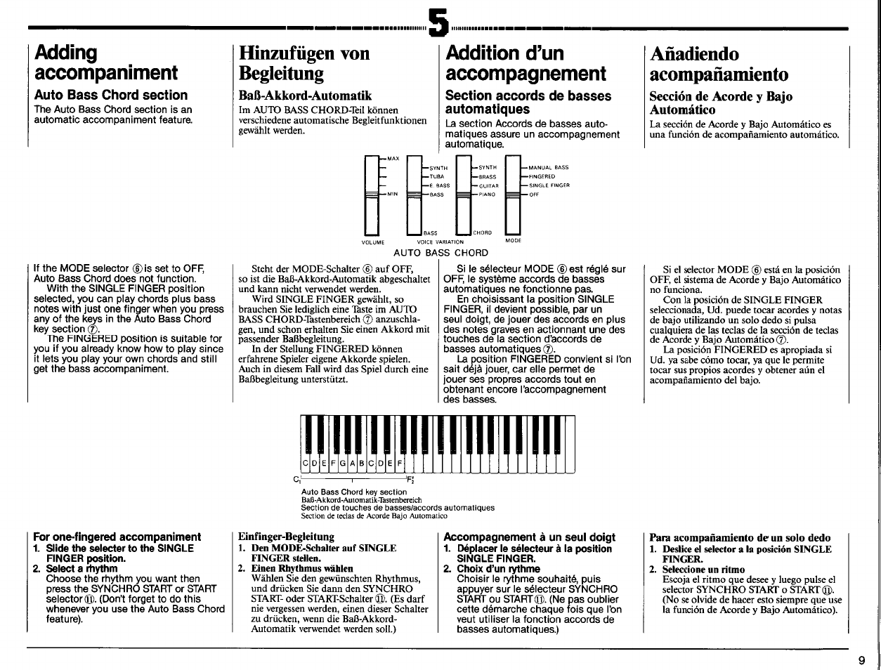 Adding, Accompaniment, For one-fingered accompaniment | Slide the selecter to the single finger position, Select a ihythm, Hinzufügen von begleitung, Baß-akkord-automatik, Addition d’un accompagnement, Einfinger-begleitung, Accompagnement à un seul doigt | Yamaha PSR-11 User Manual | Page 11 / 20