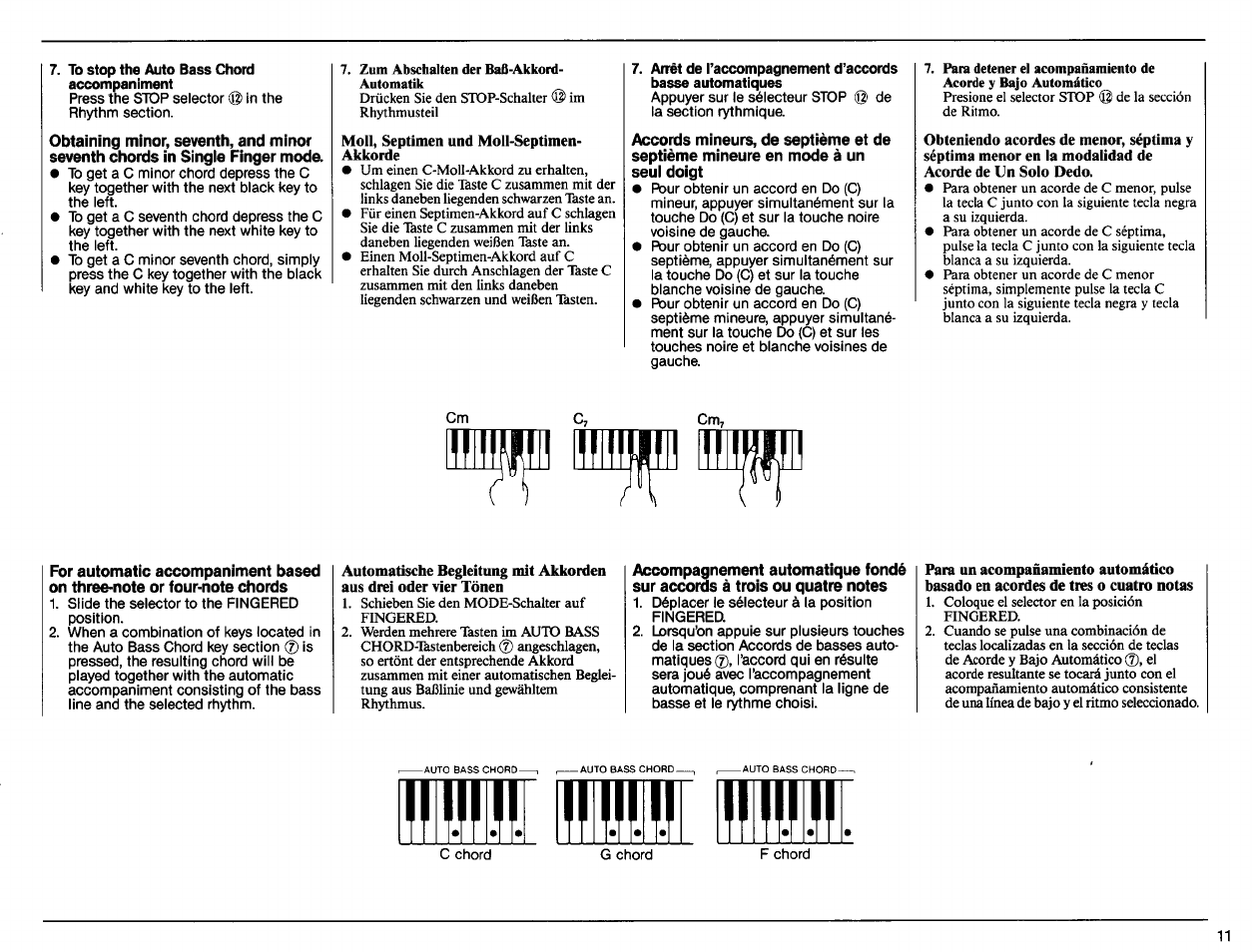 To stop the auto bass chord accompaniment, Obtaining minor, seventh, and minor, Seventh chords in single finger mod | Yamaha PSR-11 User Manual | Page 13 / 20