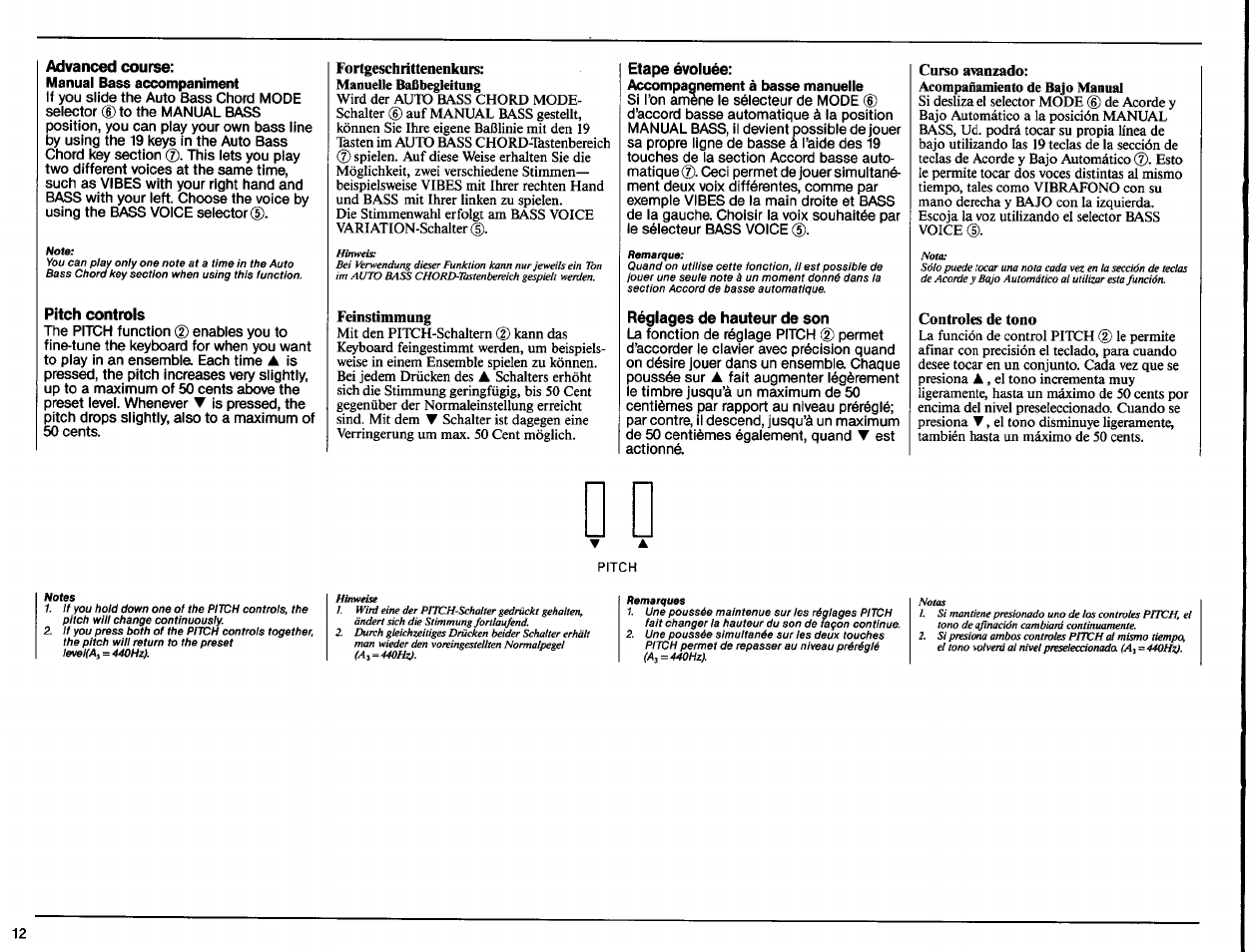 Advanced course, Manual bass accompaniment, Pitch controls | Fortgeschrittenenkurs, Feinstimmung, Etape évoluée, Accompagnement à basse manuelle, Réglages de hauteur de son, Curso avanzado, Controles de tono | Yamaha PSR-11 User Manual | Page 14 / 20