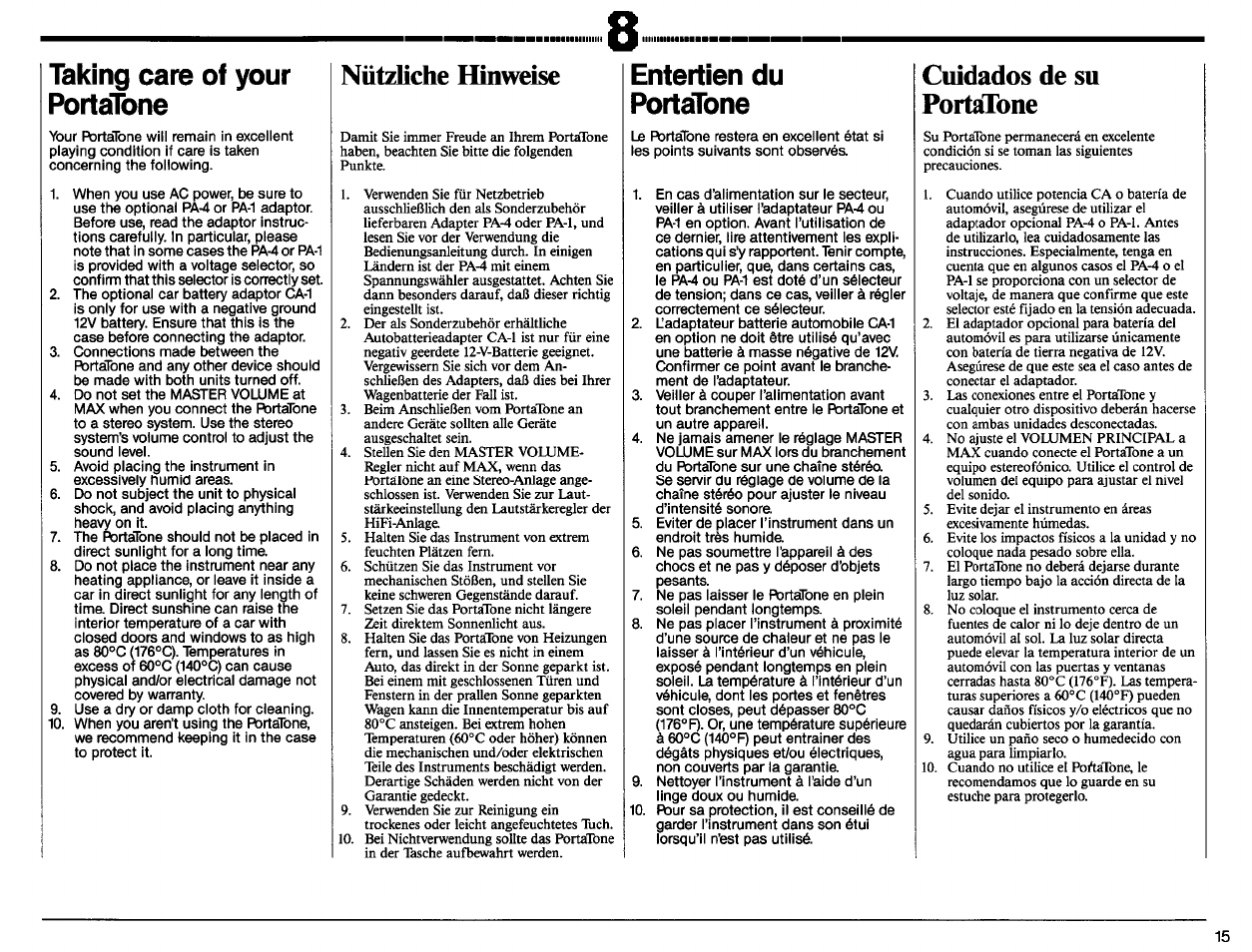 Taking care of your portatone, Nützliche hinweise, Entertien du portatone | Cuidados de su portatone, Entretien du portatone | Yamaha PSR-11 User Manual | Page 17 / 20