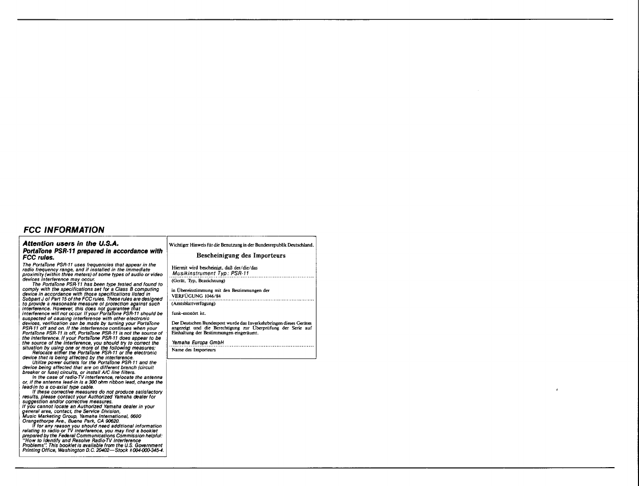 Attention users in the (/.s.4, Fcc information | Yamaha PSR-11 User Manual | Page 19 / 20