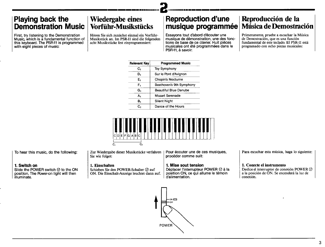Playing back the demonstration music, Wiedergabe eines vorführ-musikstücks, Reproduction d’une musique programmée | Reproducción de la música de demostración, Switch on, Mise sout tension | Yamaha PSR-11 User Manual | Page 5 / 20