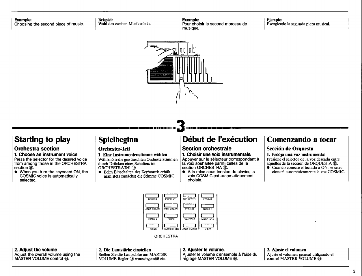 Starting to play, Choose an instrument voice, Spielbeginn | Début de l’exécution, Choisir une voix instrumentaie, Comenzando a tocar, Adjust the volume, Ajuster le volume | Yamaha PSR-11 User Manual | Page 7 / 20