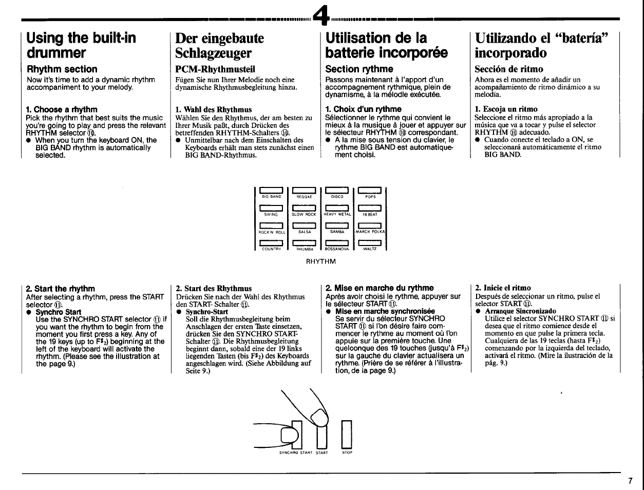 Using the built-in drummer, Choose a riiythm, Der eingebaute schlagzeuger | Pcm-rhythmusteil, Utilisation de la batterie incorporée, Choix d’un rythme, Utilizando el “batería” incorporado, Sección de ritmo, Start the rhythm, Mise en marche du rythme | Yamaha PSR-11 User Manual | Page 9 / 20