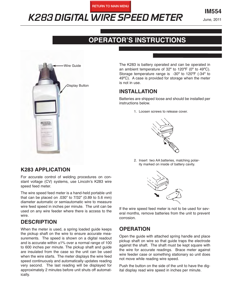 Lincoln Electric IM554 K283 DIGITAL WIRE SPEED METER User Manual | 2 pages