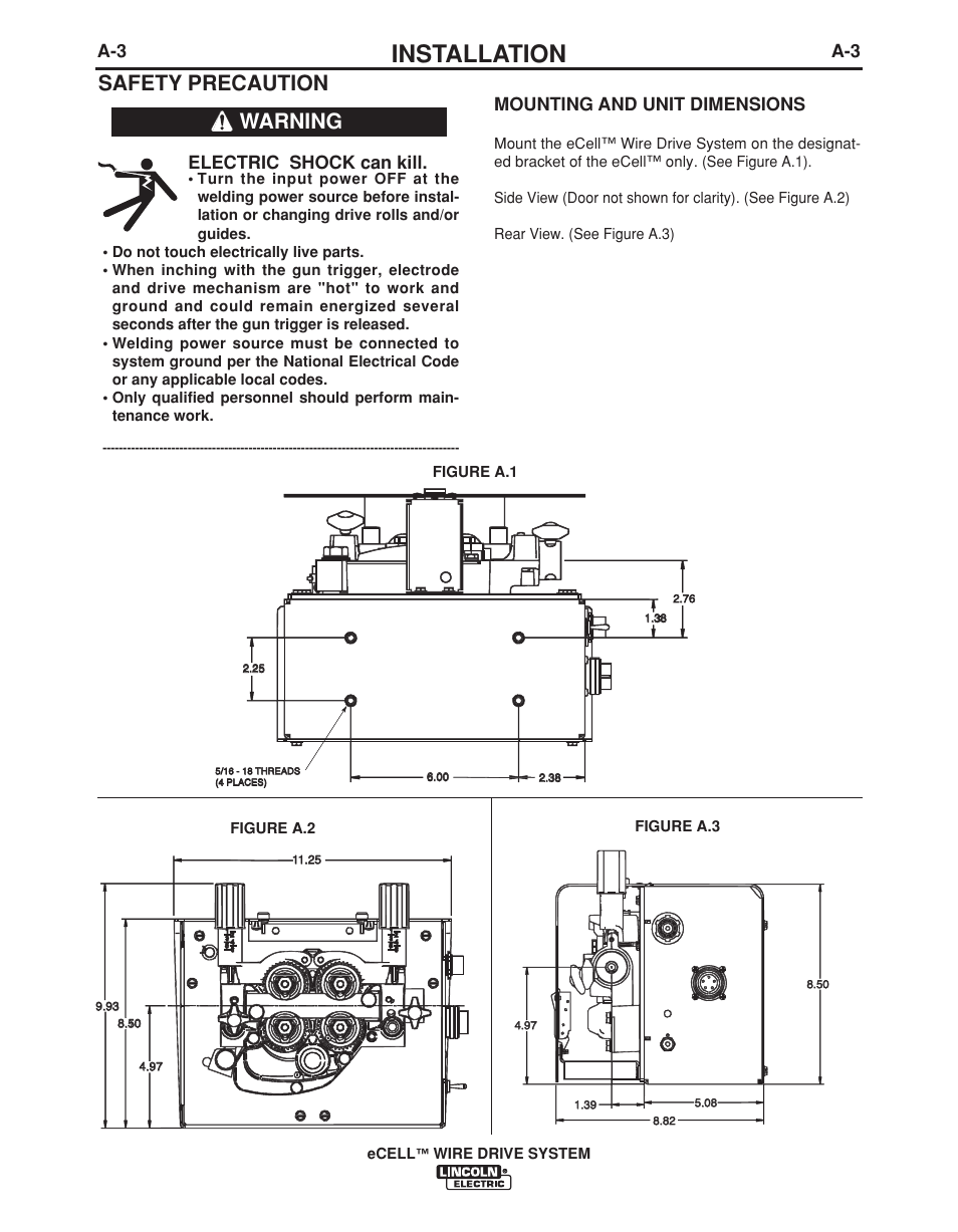 Installation, Safety precaution, Warning | Mounting and unit dimensions, Electric shock can kill | Lincoln Electric IM876 eCELL WIRE DRIVE SYSTEM User Manual | Page 10 / 33