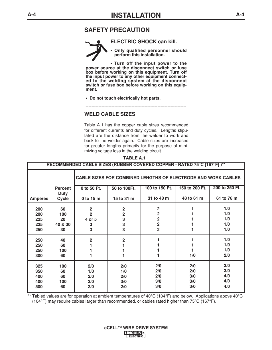 Installation, Safety precaution | Lincoln Electric IM876 eCELL WIRE DRIVE SYSTEM User Manual | Page 11 / 33