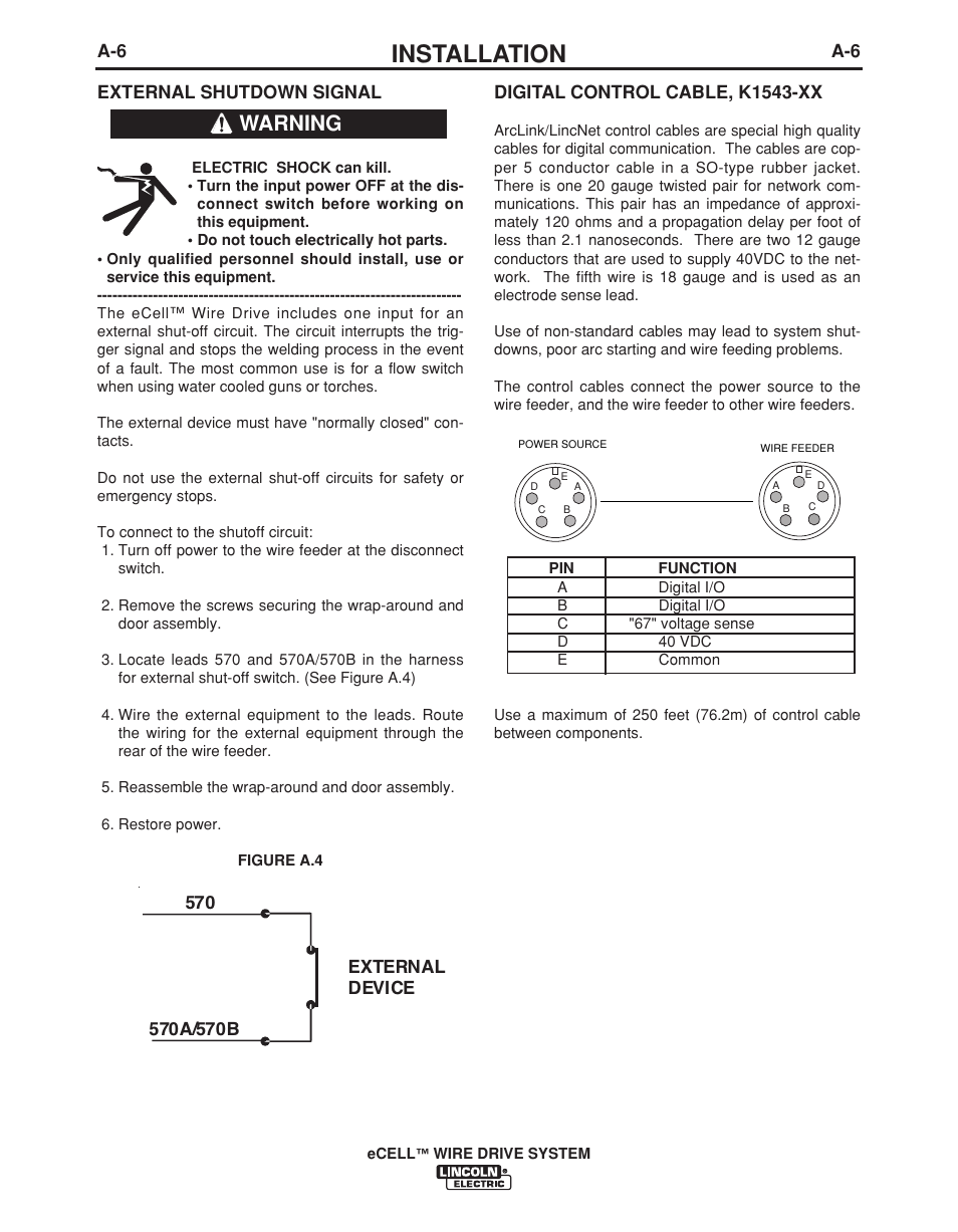 Installation, Warning | Lincoln Electric IM876 eCELL WIRE DRIVE SYSTEM User Manual | Page 13 / 33