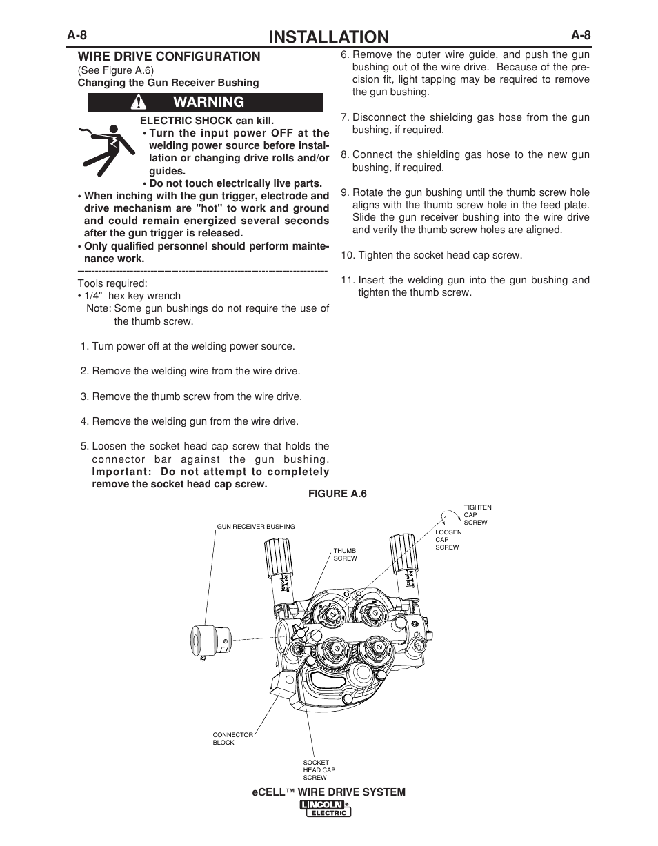 Installation, Warning, Wire drive configuration | Lincoln Electric IM876 eCELL WIRE DRIVE SYSTEM User Manual | Page 15 / 33