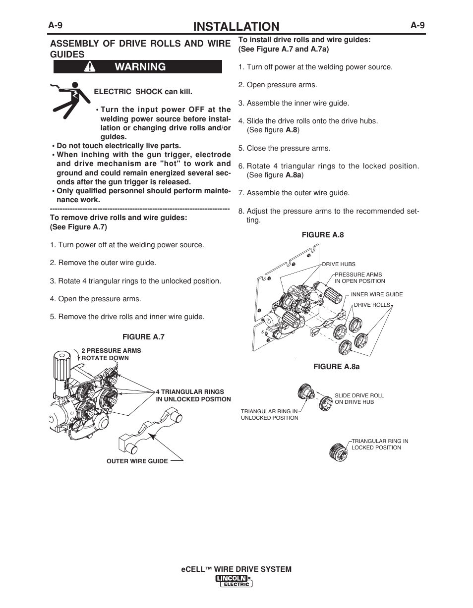 Installation, Warning, Assembly of drive rolls and wire guides | Lincoln Electric IM876 eCELL WIRE DRIVE SYSTEM User Manual | Page 16 / 33