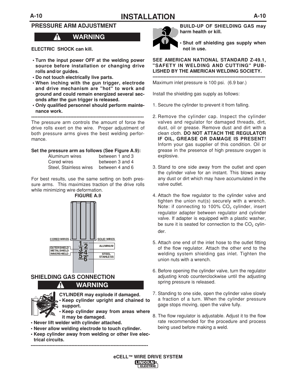 Installation, Warning | Lincoln Electric IM876 eCELL WIRE DRIVE SYSTEM User Manual | Page 17 / 33