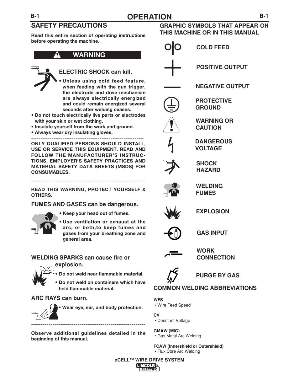 Operation, Safety precautions, Warning | Lincoln Electric IM876 eCELL WIRE DRIVE SYSTEM User Manual | Page 19 / 33