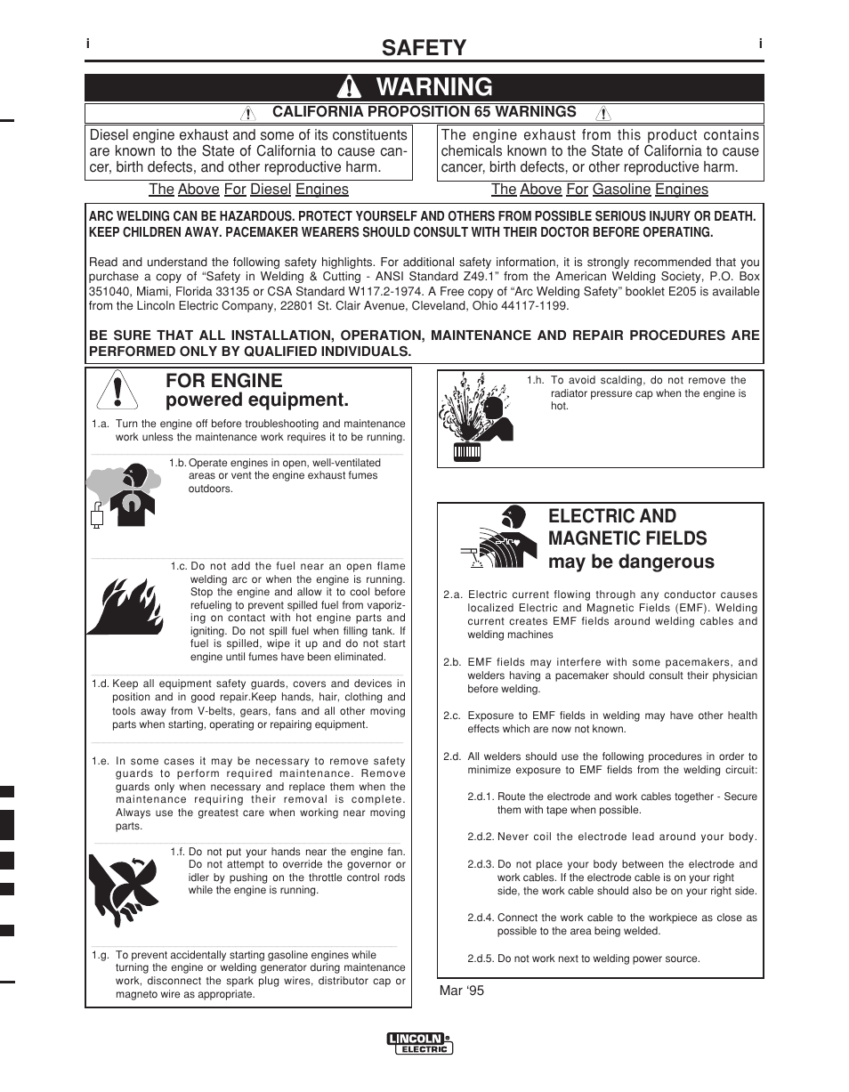 Warning, Safety, For engine powered equipment | Electric and magnetic fields may be dangerous | Lincoln Electric IM876 eCELL WIRE DRIVE SYSTEM User Manual | Page 2 / 33