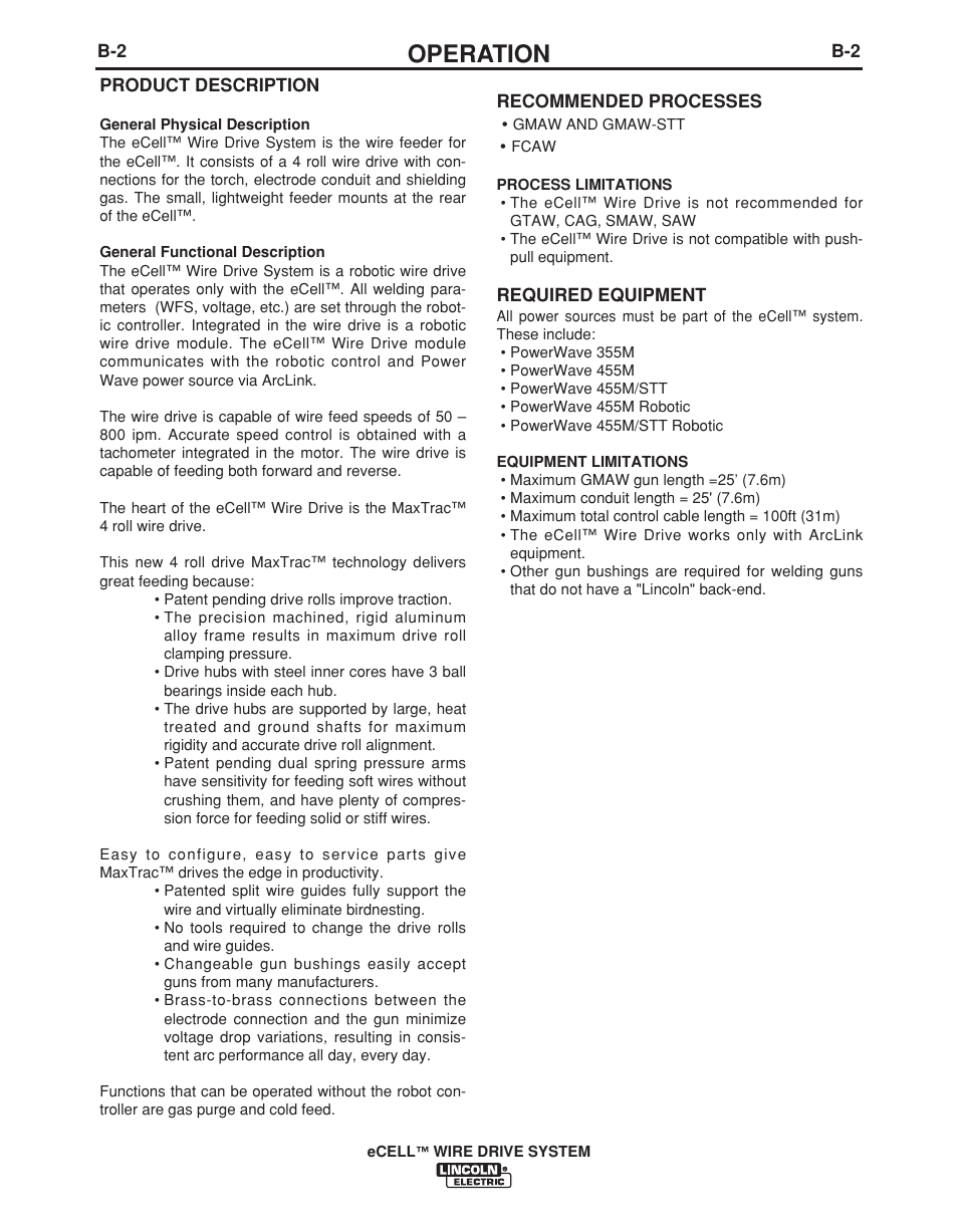 Operation | Lincoln Electric IM876 eCELL WIRE DRIVE SYSTEM User Manual | Page 20 / 33