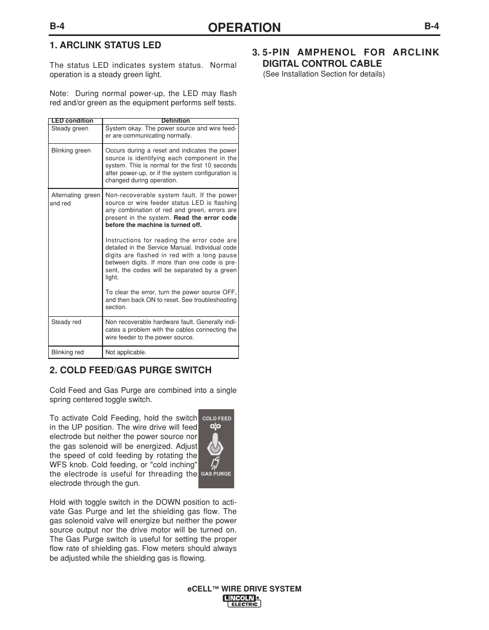 Operation, Arclink status led, Cold feed/gas purge switch | Lincoln Electric IM876 eCELL WIRE DRIVE SYSTEM User Manual | Page 22 / 33