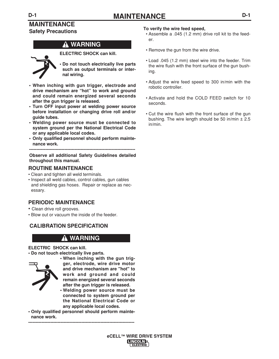 Maintenance, Warning | Lincoln Electric IM876 eCELL WIRE DRIVE SYSTEM User Manual | Page 26 / 33