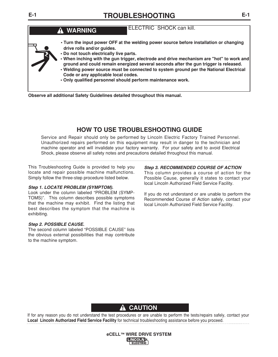 Troubleshooting, Caution, How to use troubleshooting guide | Warning | Lincoln Electric IM876 eCELL WIRE DRIVE SYSTEM User Manual | Page 27 / 33