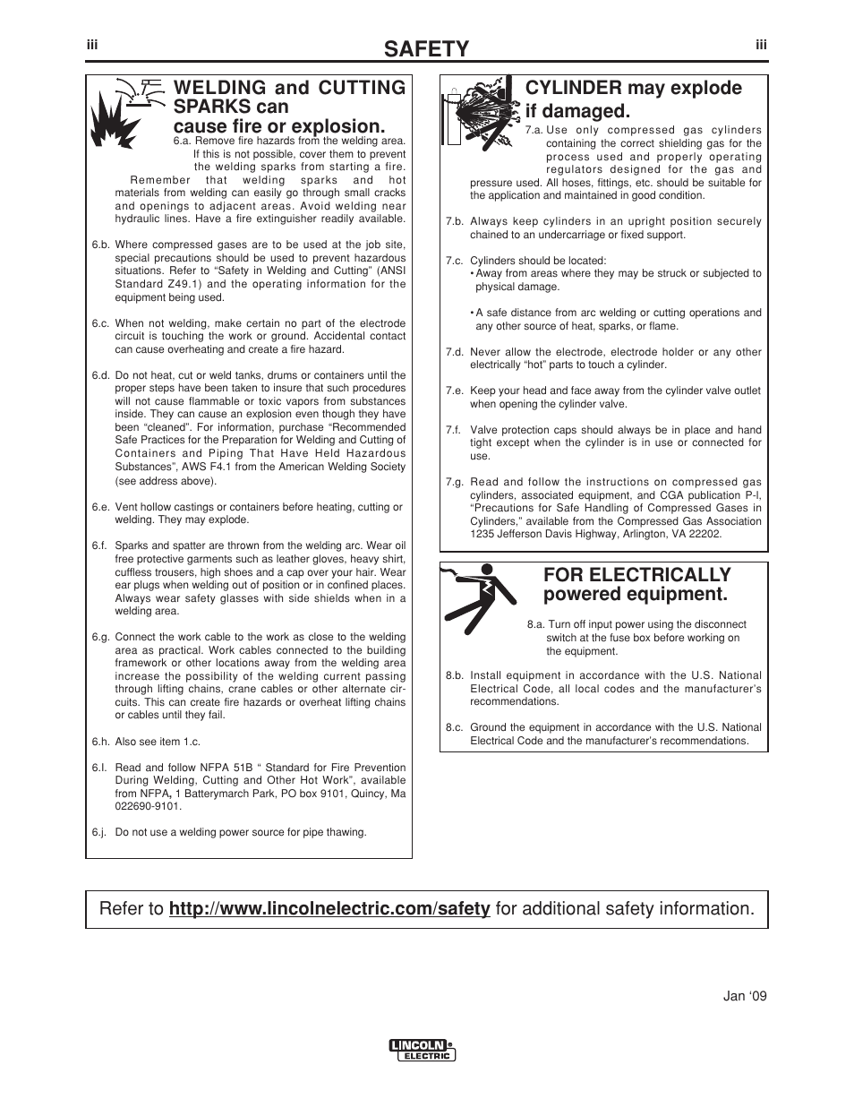 Safety, For electrically powered equipment, Cylinder may explode if damaged | Lincoln Electric IM876 eCELL WIRE DRIVE SYSTEM User Manual | Page 4 / 33