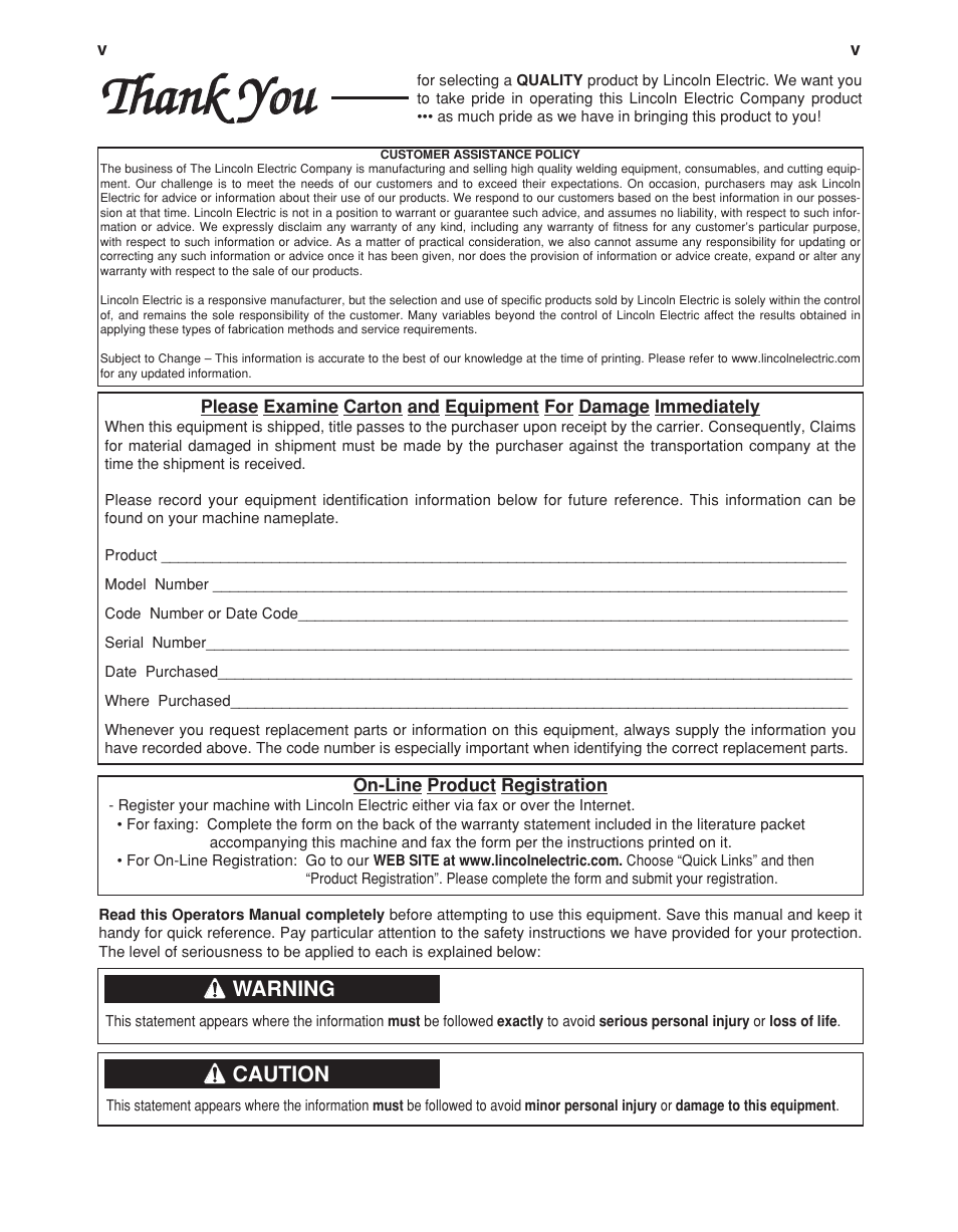 Tthhaannkk y yoouu, Warning, Caution | Lincoln Electric IM876 eCELL WIRE DRIVE SYSTEM User Manual | Page 6 / 33
