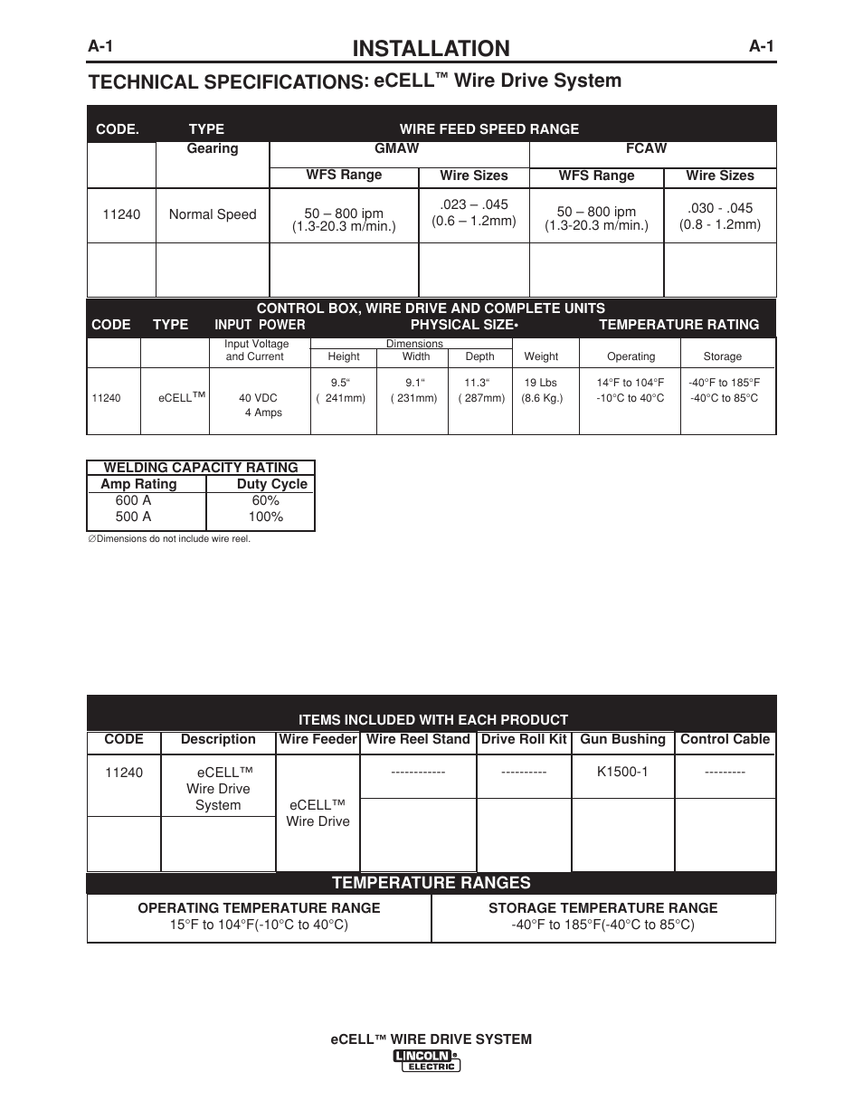 Installation, Technical specifications: ecell, Wire drive system | Temperature ranges | Lincoln Electric IM876 eCELL WIRE DRIVE SYSTEM User Manual | Page 8 / 33