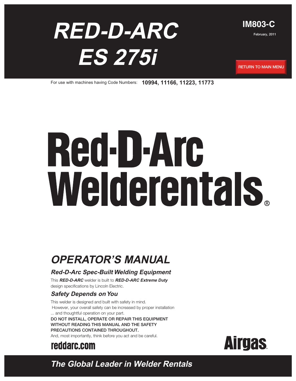 Lincoln Electric IM803 RED-D-ARC ES 275i User Manual | 32 pages