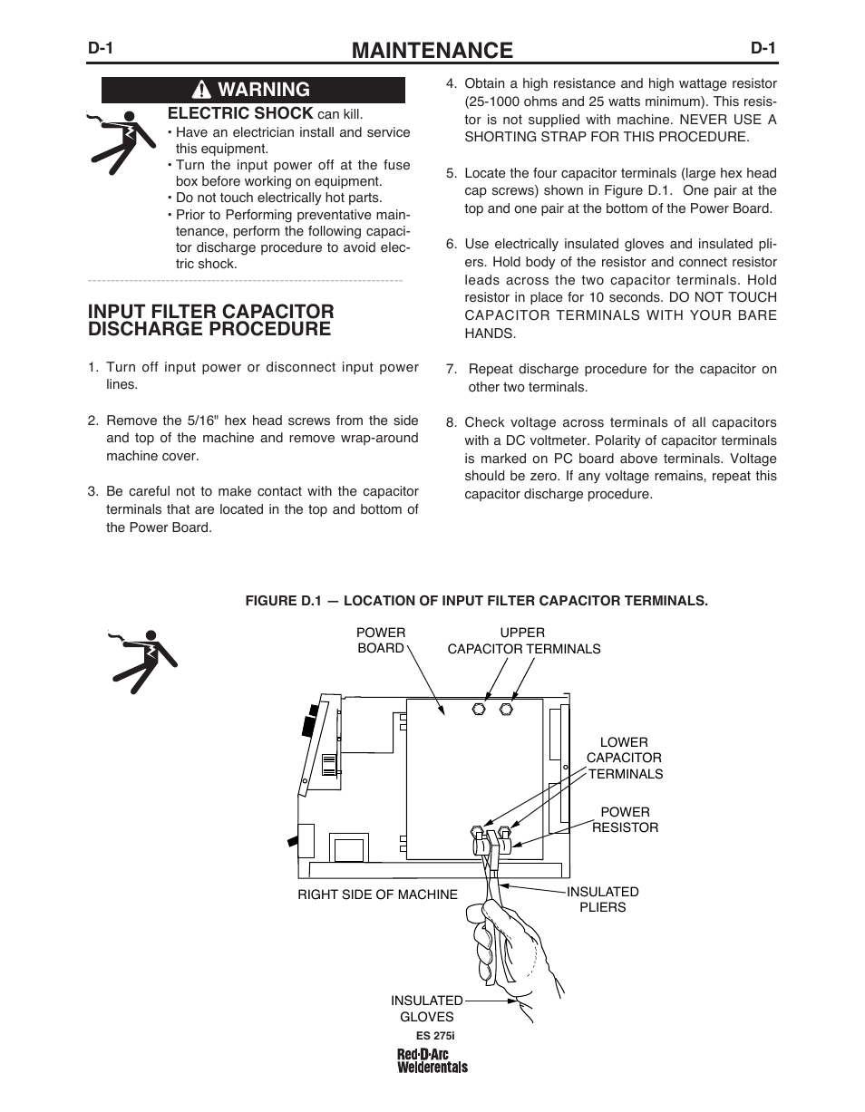 Maintenance, Input filter capacitor discharge procedure, Warning | Lincoln Electric IM803 RED-D-ARC ES 275i User Manual | Page 15 / 32