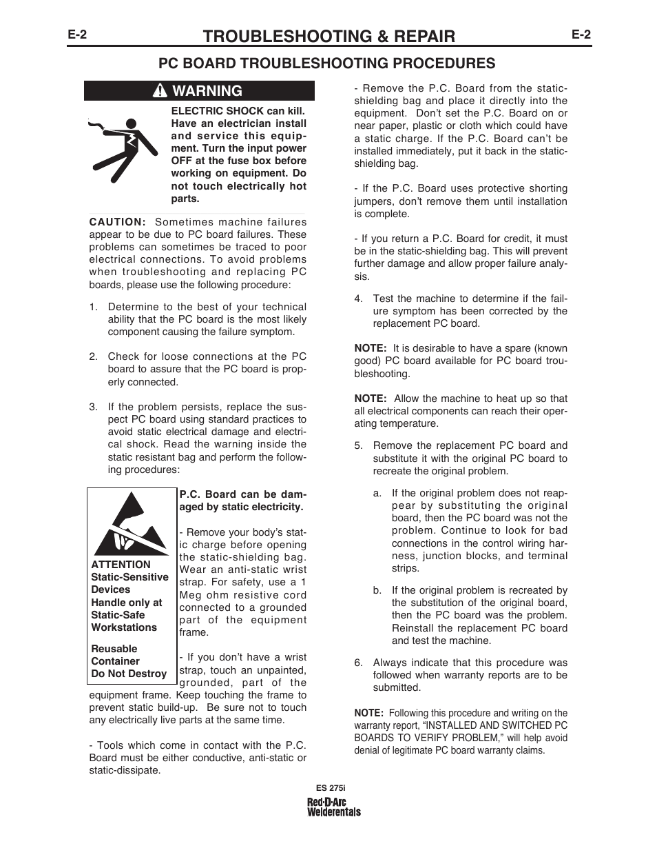 Troubleshooting & repair, Pc board troubleshooting procedures warning | Lincoln Electric IM803 RED-D-ARC ES 275i User Manual | Page 19 / 32