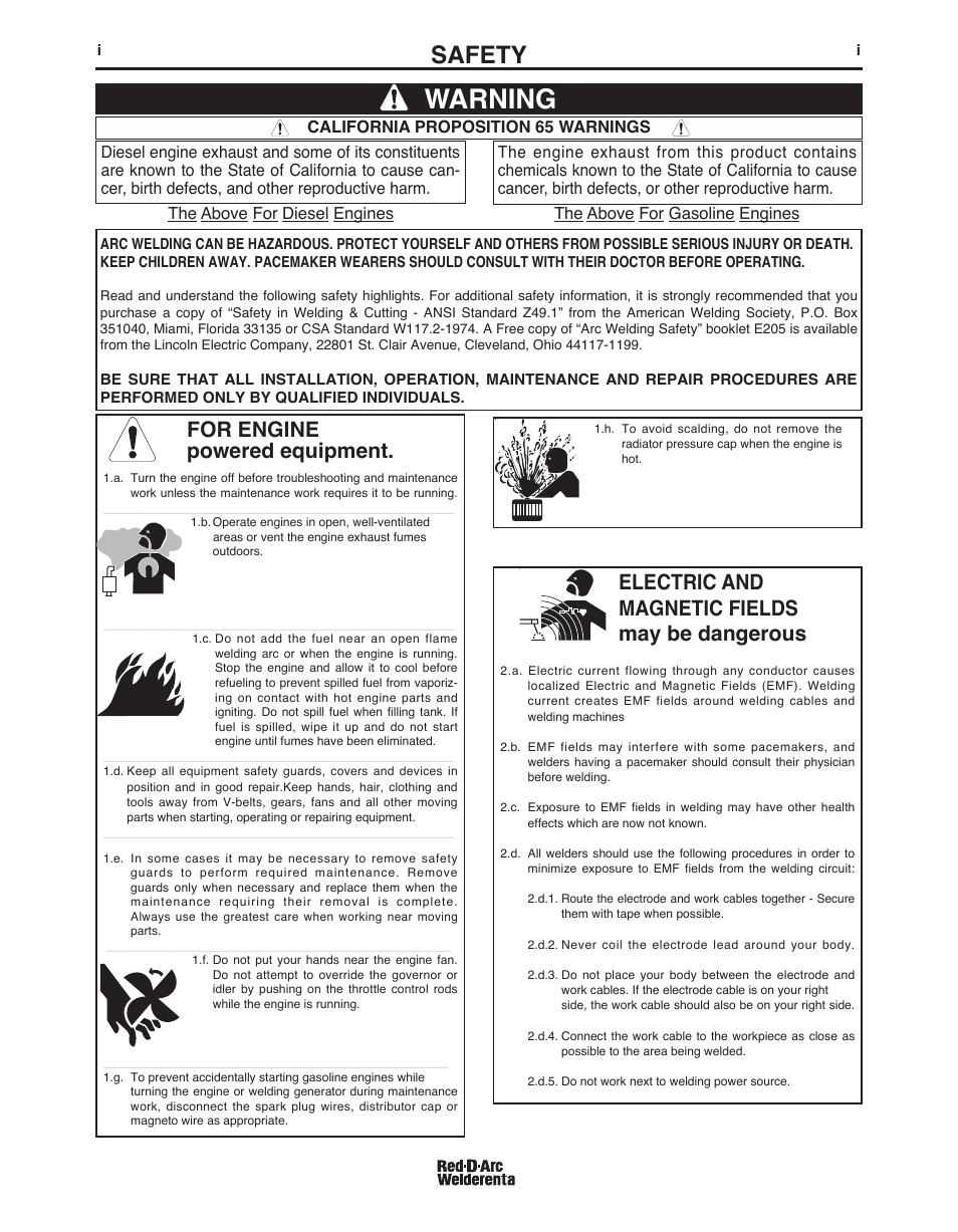 Warning, Safety, For engine powered equipment | Electric and magnetic fields may be dangerous | Lincoln Electric IM803 RED-D-ARC ES 275i User Manual | Page 2 / 32