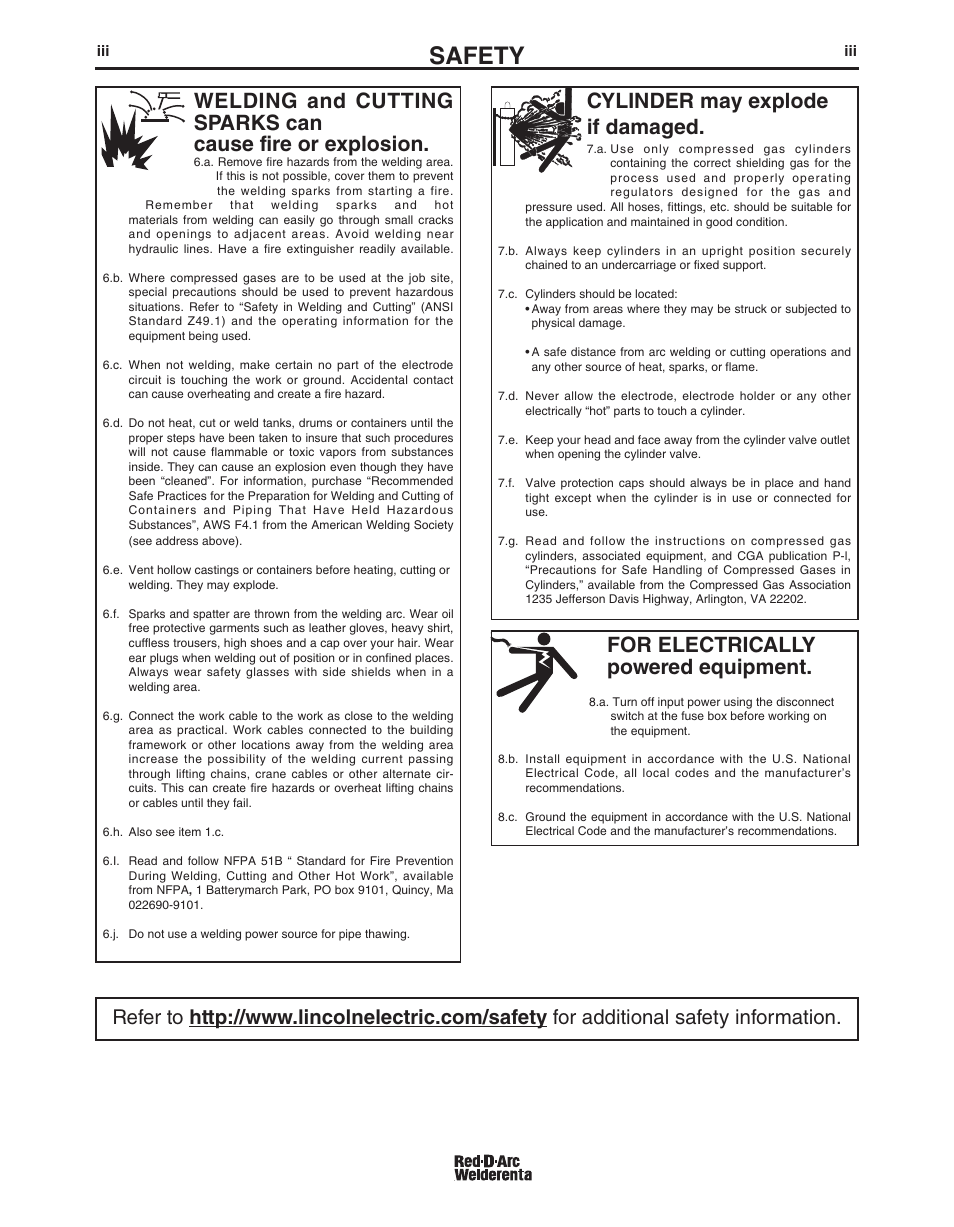 Safety, For electrically powered equipment, Cylinder may explode if damaged | Lincoln Electric IM803 RED-D-ARC ES 275i User Manual | Page 4 / 32