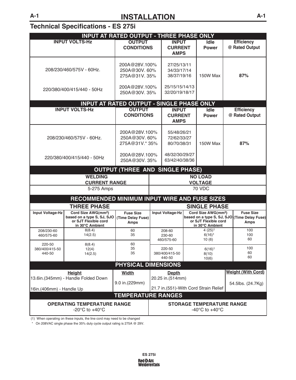 Installation, Technical specifications - es 275i, Input at rated output - three phase only | Input at rated output - single phase only, Output (three and single phase), Temperature ranges | Lincoln Electric IM803 RED-D-ARC ES 275i User Manual | Page 8 / 32