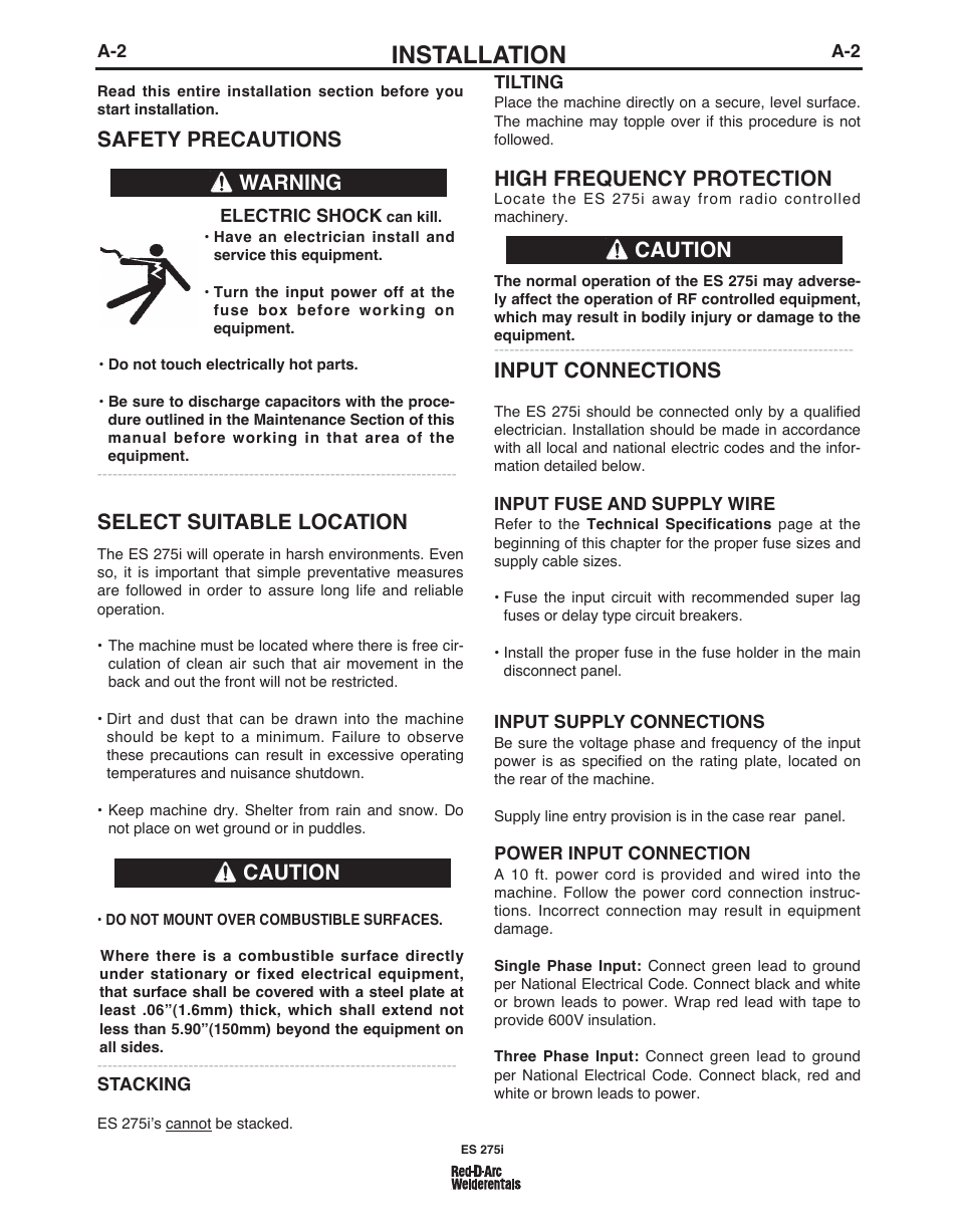 Installation, Safety precautions, Select suitable location | High frequency protection, Input connections, Warning caution caution | Lincoln Electric IM803 RED-D-ARC ES 275i User Manual | Page 9 / 32