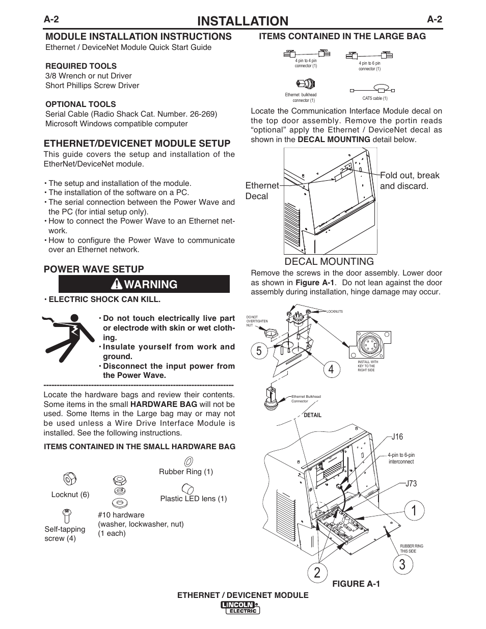 Installation, Warning, Decal mounting | Lincoln Electric IM840 ETHERNET_DEVICENET MODULE K2436-1 User Manual | Page 9 / 32