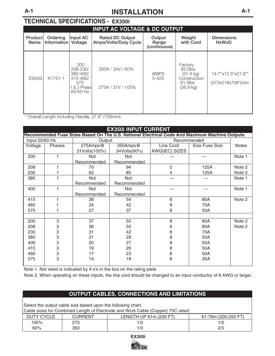 Installation, Technical specifications | Lincoln Electric IM678 RED-D-ARC EX350i User Manual | Page 8 / 35