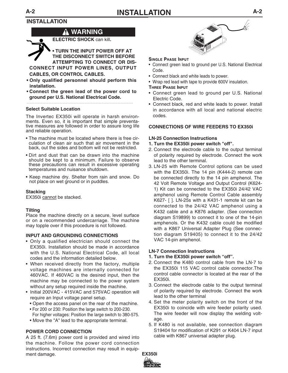 Installation, Warning | Lincoln Electric IM678 RED-D-ARC EX350i User Manual | Page 9 / 35