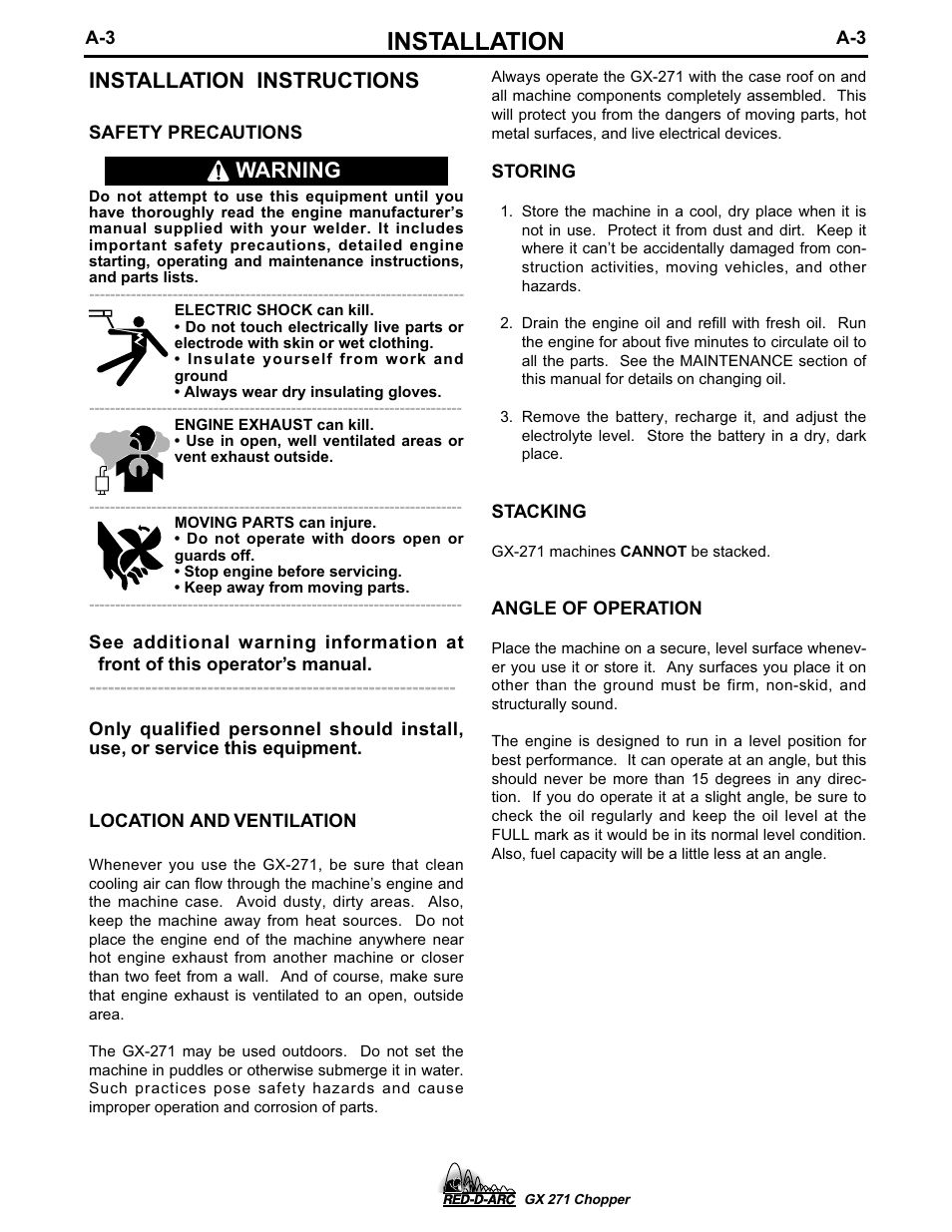 Installation, Installation instructions, Warning | Lincoln Electric IM603 RED-D-ARC GX 271 Chopper User Manual | Page 11 / 47