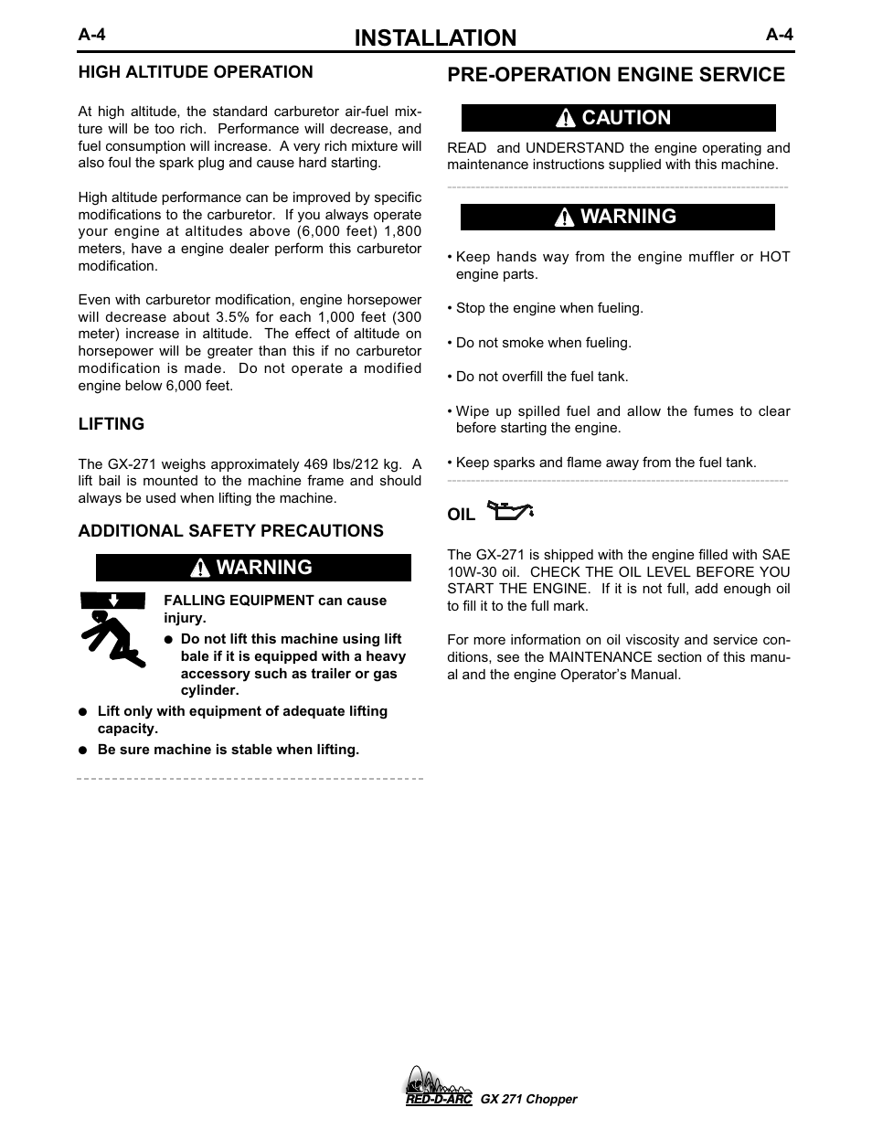 Installation, Warning pre-operation engine service, Warning caution | Lincoln Electric IM603 RED-D-ARC GX 271 Chopper User Manual | Page 12 / 47