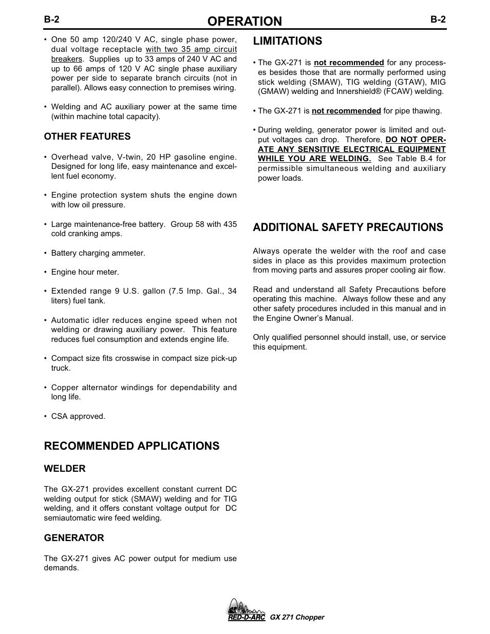 Operation, Recommended applications, Limitations | Additional safety precautions | Lincoln Electric IM603 RED-D-ARC GX 271 Chopper User Manual | Page 18 / 47