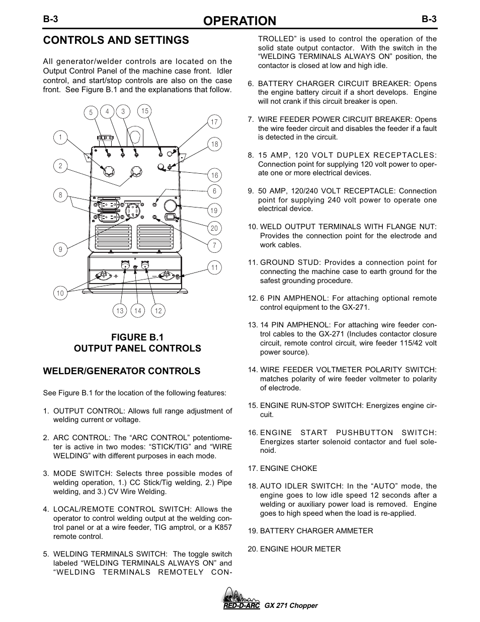 Operation, Controls and settings | Lincoln Electric IM603 RED-D-ARC GX 271 Chopper User Manual | Page 19 / 47